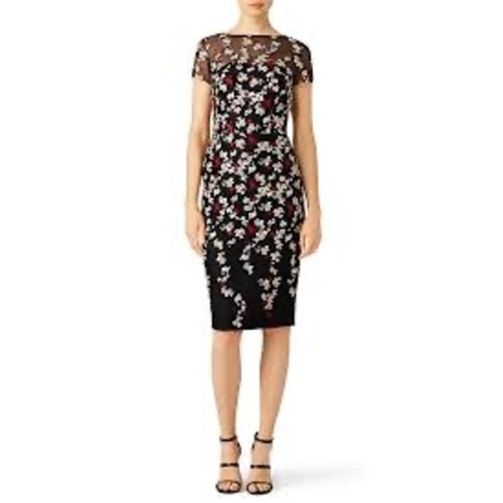 David Meister Falling Petal‎ Embroidered Sheath Dress Black Red White Size 0 - Picture 2 of 9